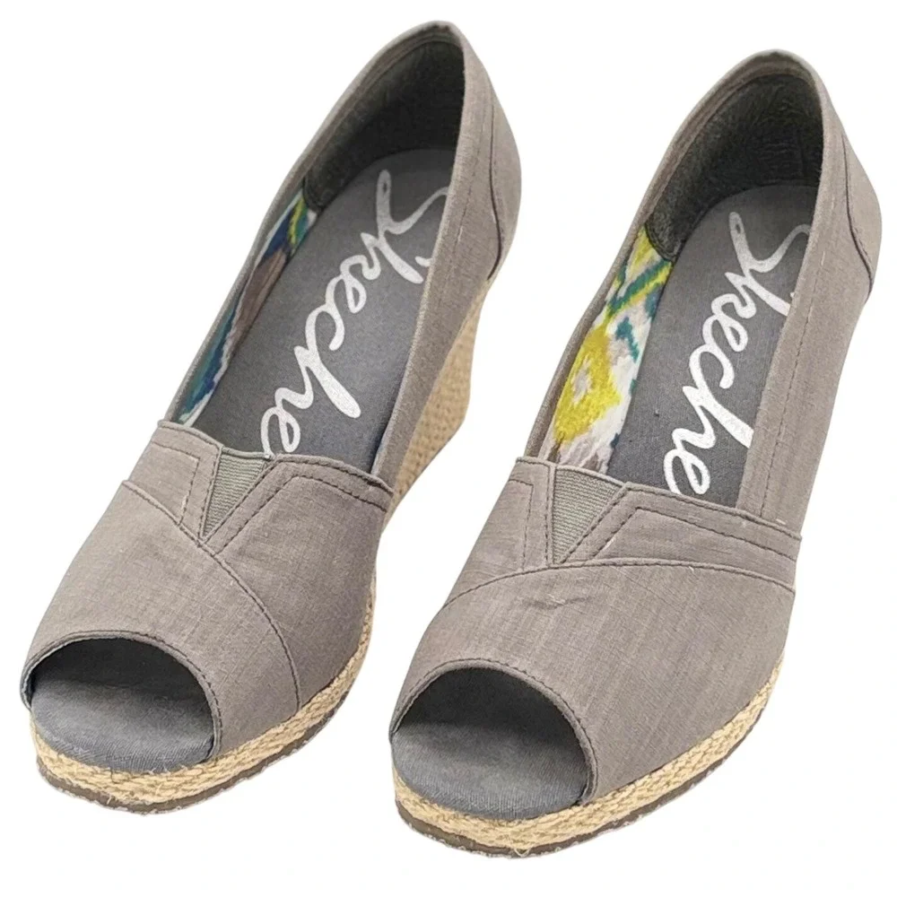 Skechers‎ Parallel Grey Textile Espadrille 3 in Wedge Peep Toe Sandals Women's 8